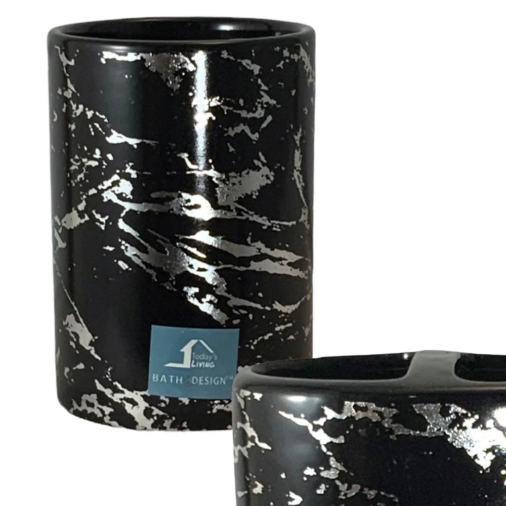 Today’s Living Black Metallic Marble Bathroom Accessories Ceramic Black Silver